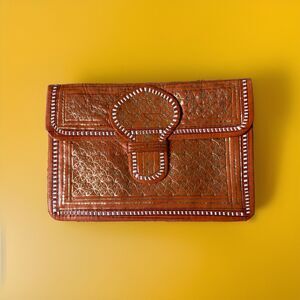 Tangerine Orange Soft Leather Envelope Clutch Purse Gold Stamped 8 1/2” Long EUC